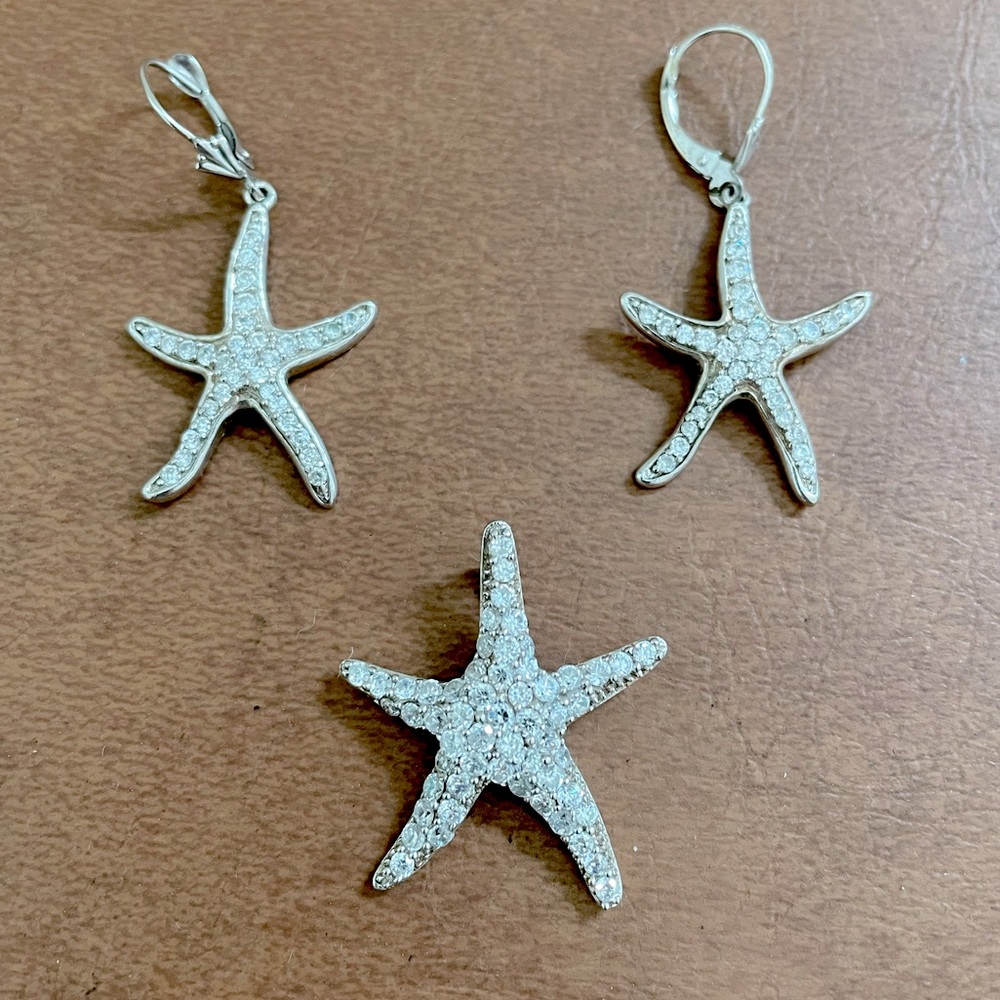 Sterling Silver 925 and crystal starfish pendant and drop earrings- boutique - Picture 1 of 16